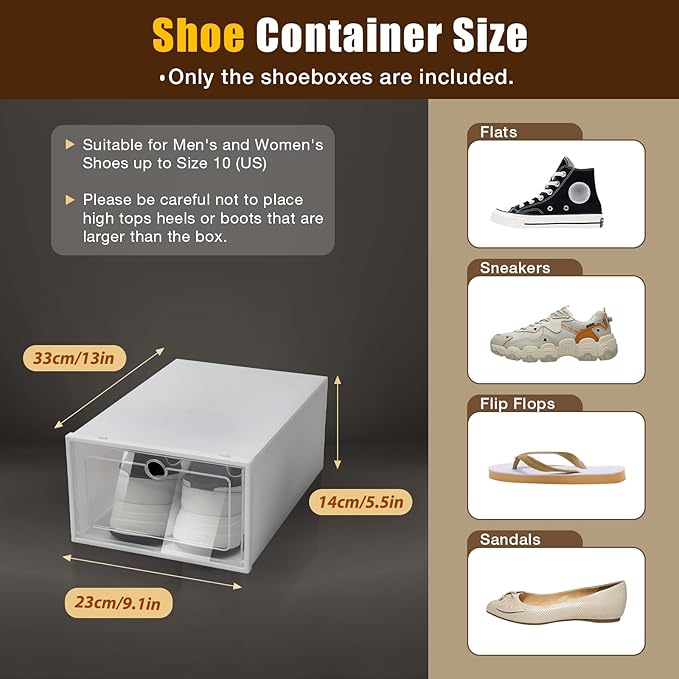 24-Piece Clear Shoe Storage Boxes, Stackable Foldable Plastic Shoe Organizer, Transparent Shoe Boxes with Round Hole, for Shoes, Cosmetics, Toys