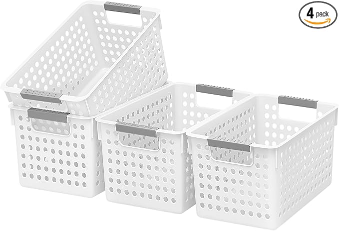 Soddeph 4 Pack Plastic Storage Basket with Handles, Small Deep Organizer Bin with Hollow Design for Under Counter, Shelf, Closet, Kitchen or Bathroom (White, Small)