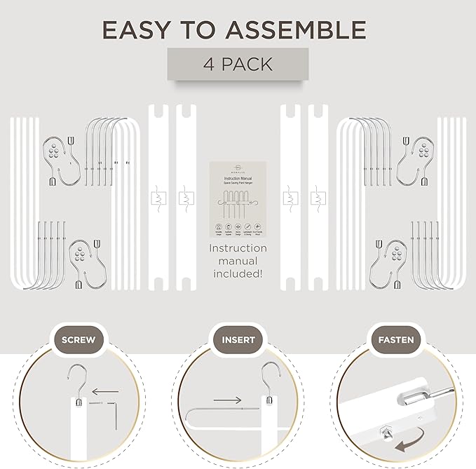 MORALVE Pants Hangers Space Saving - 4 Pack European Beechwood Scarf and Jean Hangers - Closet Organizer and Space Saver Pant Rack, Leggings Hanger, and Scarf Holder with 360° Swivel Hook