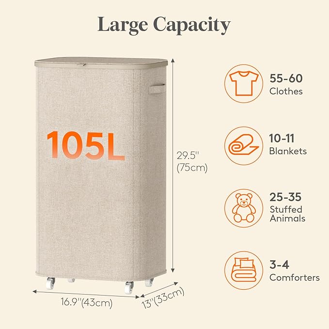 Lifewit 105L Plastic Laundry Basket with Lid, Large Clothes Hamper with Wheels and Removable Bag, Tall Collapsible Rolling Storage Bin for Dorm Bedroom Bathroom, Beige