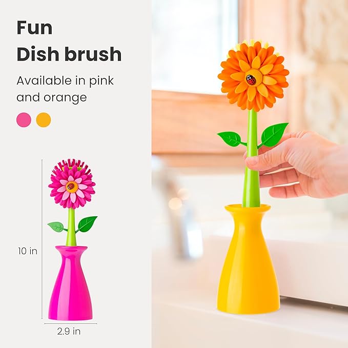 Vigar Flower Power Dish Brush with Handle and Vase Dish Brush Holder, Kitchen Scrub Brush for Pot Scrubber, Dishes, and Sink Cleaning, Orange, Green