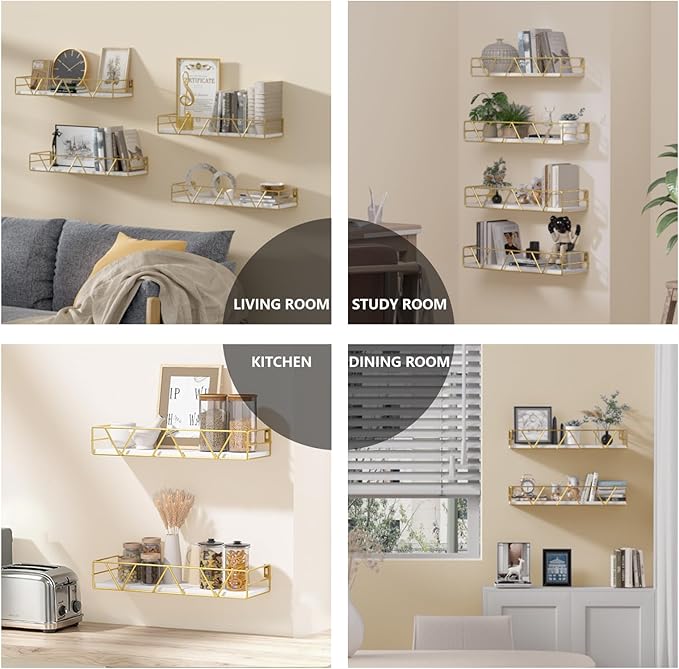 Floating Shelves Set of 3, Home Wood Wall Shelf, Farmhouse Shelf for Bedroom, Wall Mounted Floating Shelf for Living Room, Bedroom, Bathroom, Kitchen, Office (Gold-4pcs)
