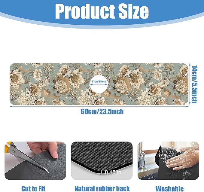 Sink Splash Guard Faucet Mat Peonies Bird and Butterflies Absorbent Fast Drying Mat Sink Gadgets Splash Guard Behind Faucet Drip Catcher for Kitchen Bathroom 23.5"X5.5"