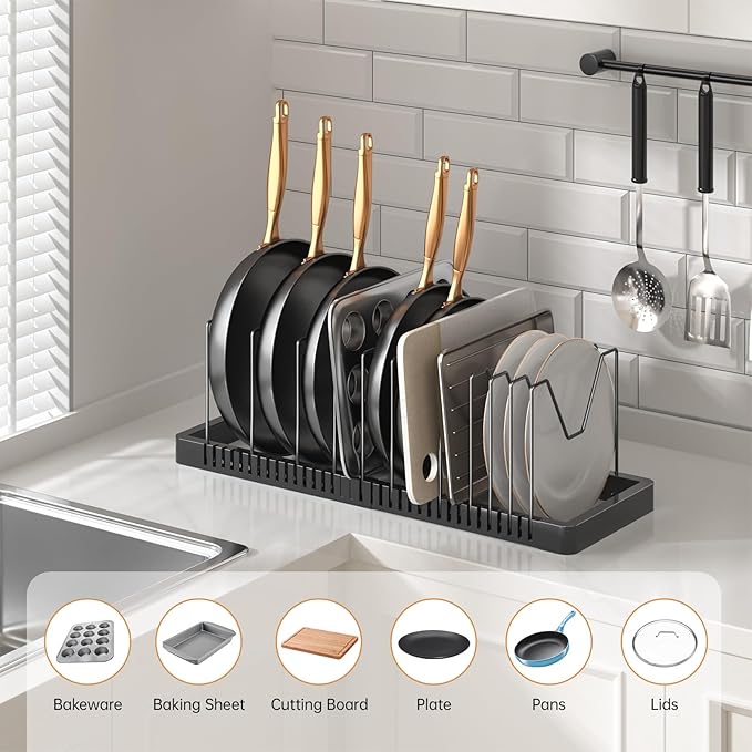 Pots and Pans Organizer under Cabinet, Expandable Pot Lid Organizer Holder with 12 Adjustable Compartment, Pan Organizers inside Cabinet for Lids, Bakeware, Kitchen Storage Pot Rack, Black