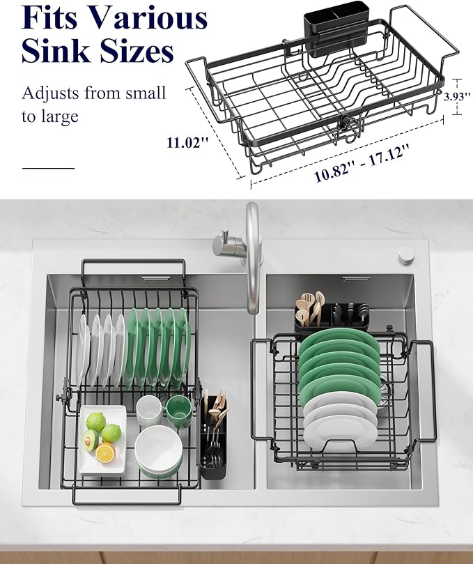 Kitsure Dish Drying Rack – Expandable in-Sink or Over-Sink Dish Rack for Kitchen Counter, Rust-Resistant Metal Dish Strainer with Cutlery Holder, 10.82"-17.12" L x 11.02" W x 3.93" H, Black
