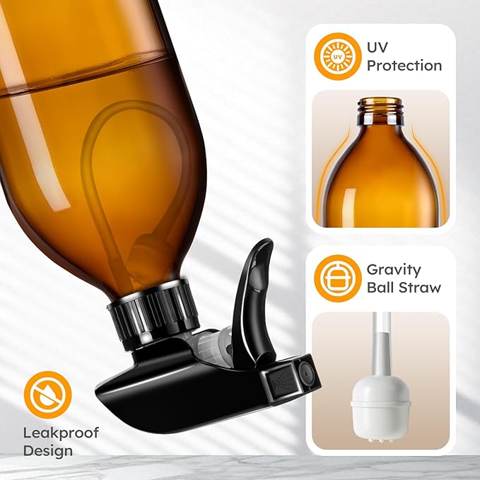 Tecohouse 2 Pack Amber 360° Glass Spray Bottles, 16 oz Empty Refillable Containers with Adjustable Spray Nozzles, Spray Bottles for Cleaning Solutions and Plants