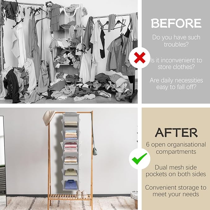 2Pack Hanging Closet Organizer, 6 Tier Hanging Storage Shelves, Foldable Clothes Organization, Wardrobe Organiser with 18 Side Pockets for Home Bedroom Organization Clothes Accessories