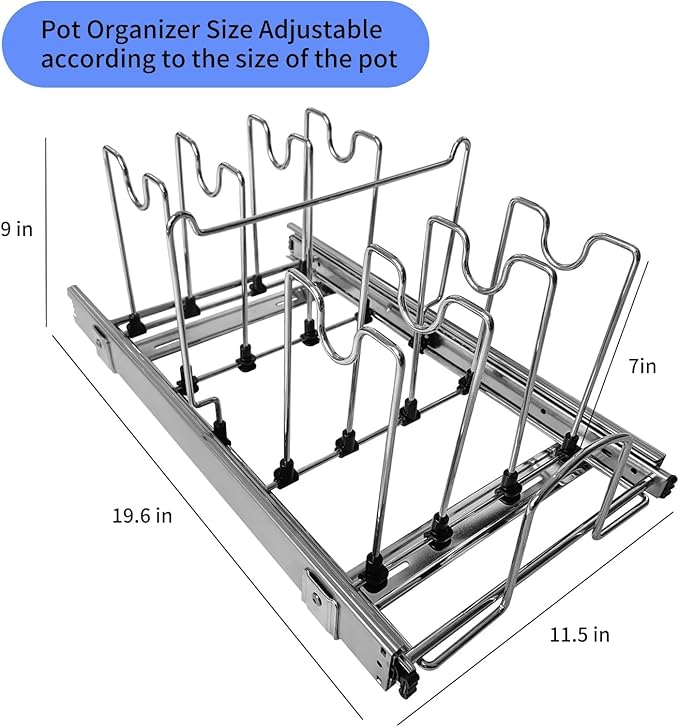 Pots and Pans Pull Out Organizer Under Cabinet, Adjustable Slide Out Pan and Pot Lid Rack Holder, Wire Dividers Kitchen Organization And Storage, Full-Extension Rail 12" W X 20" D