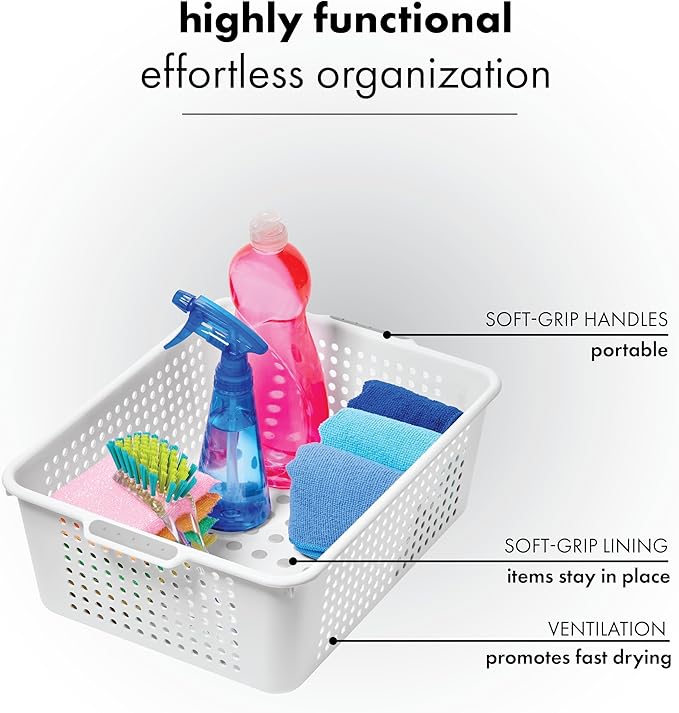 madesmart Medium Storage Basket, Multipurpose Organizer with Soft-Grip Handles, Ventilated Design for Laundry, Bath & Kitchen Storage, White, 14 x 10 x 5"