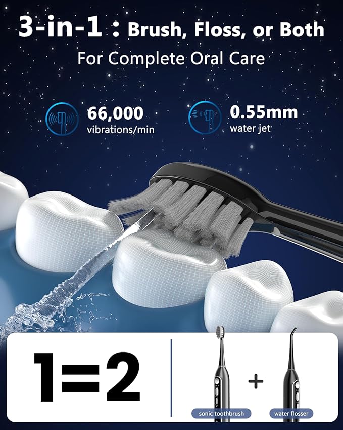 3-in-1 Flossing Toothbrush – Flosses, Vibrates and Oscillates, Electric Toothbrush with Water Flosser for Adults, 5 Brush Heads, 3 Modes for Plaque Removal, Sensitivity & Braces, Travel - Black