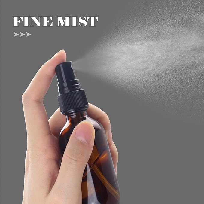 Wedama 4 oz Mini Glass Spray Bottles, Empty Small Spray Bottles with Funnel Dropper, Fine Mist for Hair, Travel, Plants, Cleaning Solutions and Skin Care (4 Pack Amber)