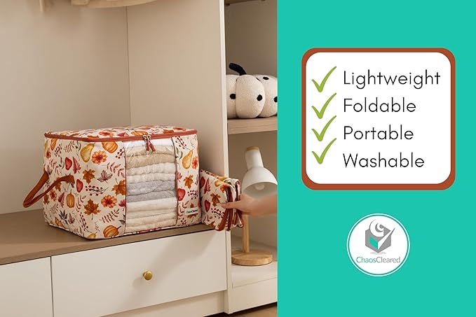 Chaos Cleared Canvas Storage Bags Designer Organizer 2 Pack – Seasonal Storage for Sweaters, Blankets, Linens & Garments – Foldable Design with Zip & Window, Moth-Proof Space Saver, Autumn Print