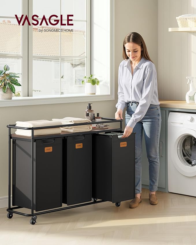 VASAGLE Laundry Sorter, Laundry Hamper with Wheels, 39.6 Gal. (150 L) Portable Rolling Cart Baskets with Shelf, 3 Removable Liners and 6 Labels, Ink Black and Chestnut Brown UBLH103BH01