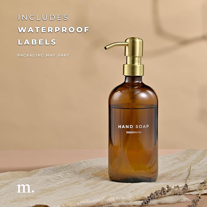 MaisoNovo Soap Dispenser 1-Piece Set | 16.9oz Amber Bottles with Gold Stainless Steel Pump Core