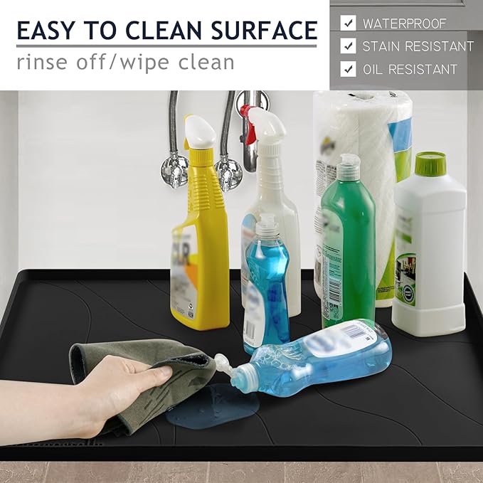 Heavy Duty Silicone Under Sink Mats for Kitchen Waterproof 31" x 22", Extra Thick Under Sink Rubber Mat Drip Tray, Raised Edge Under Sink Liner,Prevent Drips, Leaks, Spills,Black