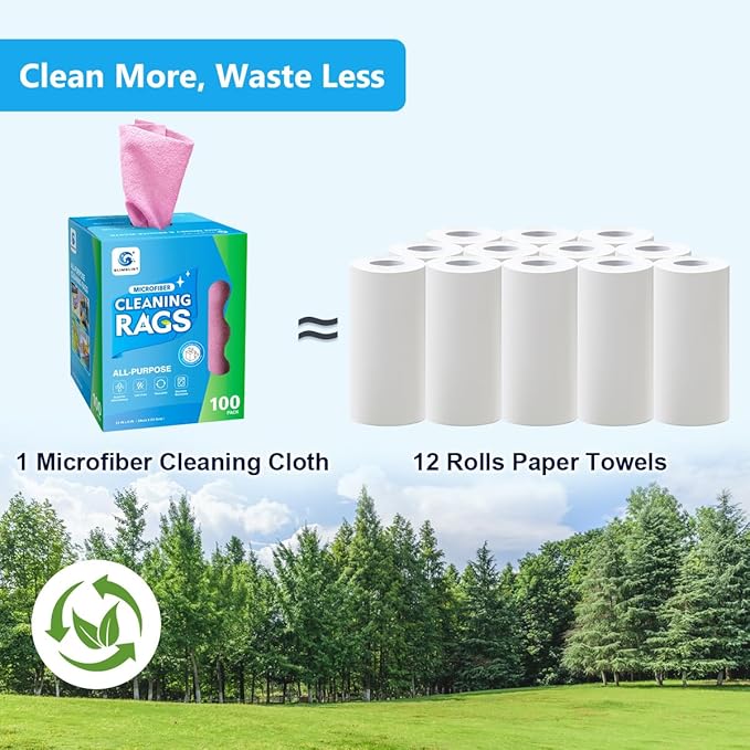 GLIMGLINT Pink Microfiber Cleaning Cloth, 100 Pack Cleaning Rags, Lint-Free, Ultra Absorbent Reusable Paper Towels for Home, Kitchen, Car, Garage or Shop, Dish Rags, 11" x 9"