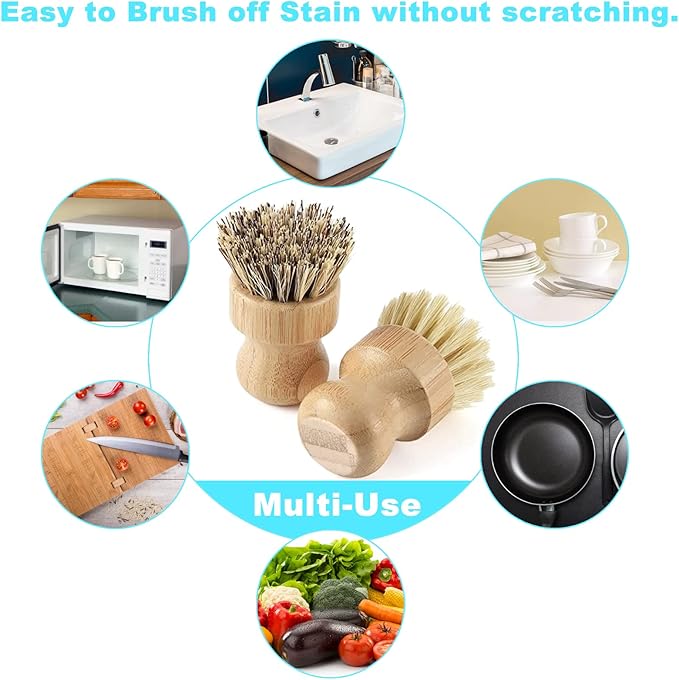 Bamboo Dish Brush Set, 2 Pcs Palm Wooden Dish Scrubber Brush, Dish Brushes, Durable Wood Dishes Scrub Brush, Natural Round Vegetable Cleaning Pots Pans Sink Washing Kitchen Brush