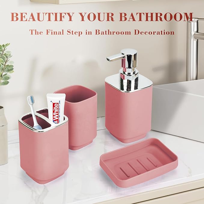 4Pack Bathroom Accessories Set, Bohemian Bathroom Sink Set, Contain Soap Dispenser, Toothbrush Holder, Soap Dish & Mouthwash Cup,Square soap and Toothbrush Holder Set