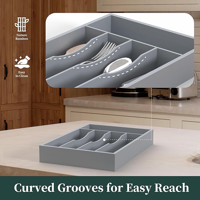 Silverware Organizer, Bamboo Kitchen Drawer Organizer, Utensil Holder, Cutlery Tray & Spoon Flatware Storage with Grooved Drawer Dividers(5 Slots, Grey)