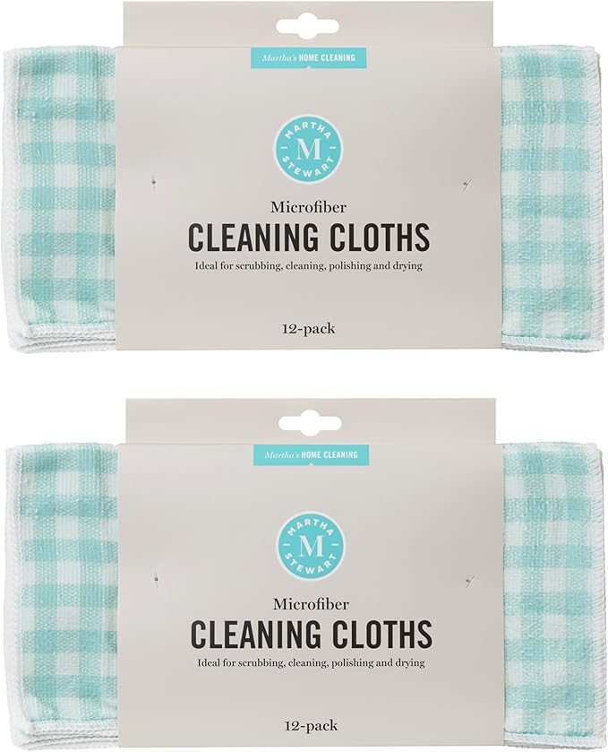 Martha Stewart Microfiber Cleaning Cloths, Ultra-Absorbent, Lint-Free Cleaning Towels for Home & Kitchen, Teal Gingham, 11 Inches, 24 Count