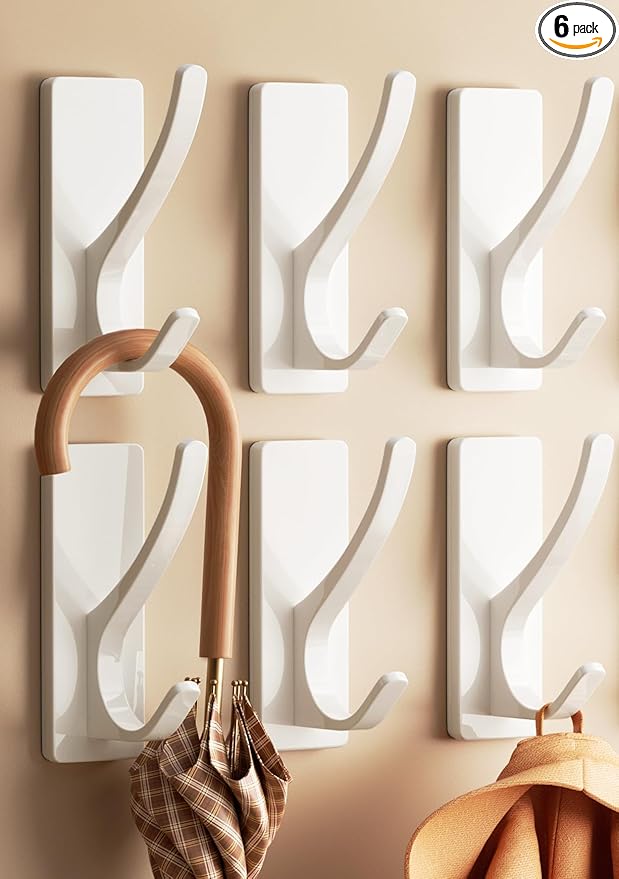 pickpiff Self Adhesive Coat Hooks for Hanging: Heavy Duty Stainless Wall Hook for Towel, Utensil, Backpack, Hat, Sturdy Metal Hanger for Bathroom, Kitchen, Door, 6 Pack, White