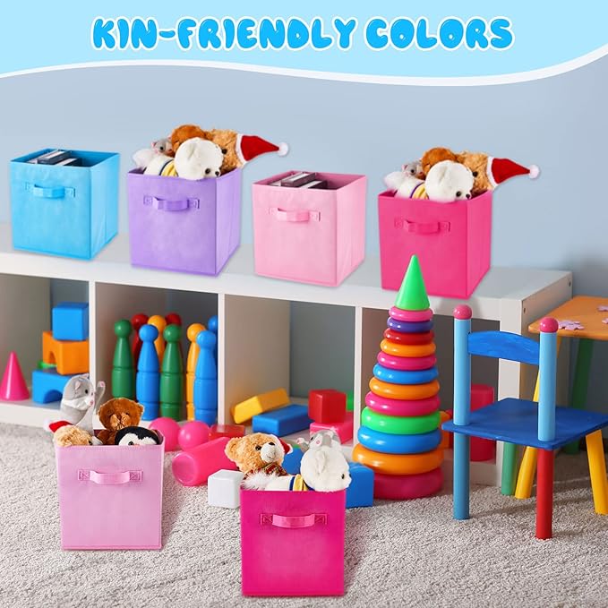 Yinder 12 Pcs Cube Storage Bin 11'' Storage Bins for Room Decor Colorful Bins Foldable Baskets for Nursery Organizer Boxes Fabric Boxes (Sky Blue, Purple, Pink, Rose)