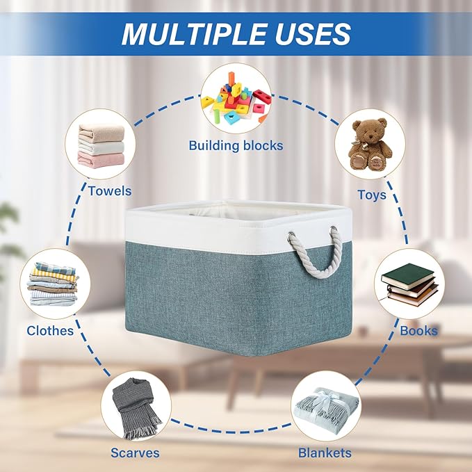 Temary Storage Baskets for Shelves 4 Pack Fabric Rectangle Baskets for Organizing Toys, Clothes, Decorative Bins with Handles (15 * 11 * 9.5"-White&Dark Green)
