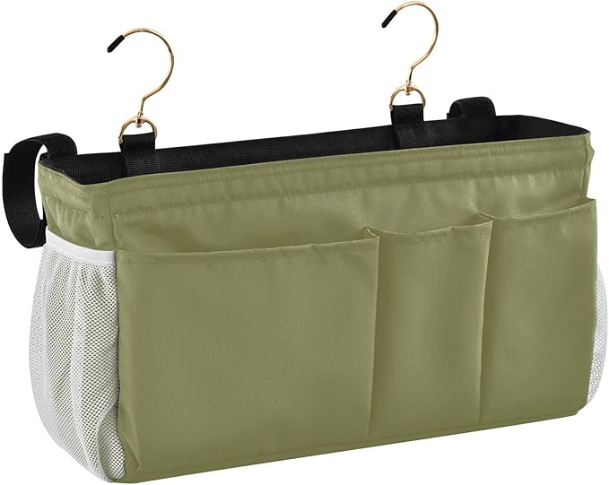 KOPIRIT Olive Color Bedside Caddy Storage Bag Bedside Organizer for Dorm Room Top Bunk Bed Bedside Shelf Hanging Organizer 6 Pockets with Hooks for Glasses Book Tablet Holder