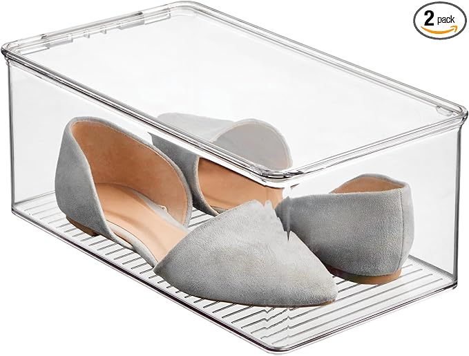 iDesign Stackable Shoe Box with Hinged-Lid for Wedges or Sandals, Set of 2, Clear, Made in USA