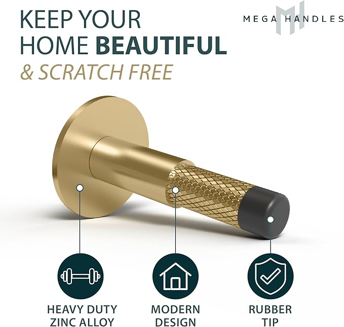 Mega Handles Knurled Baseboard Door Stopper - Heavy Duty Door Stoppers for Bottom of Door, Zinc Alloy Door Stops with Rubber Tip - Satin Brass