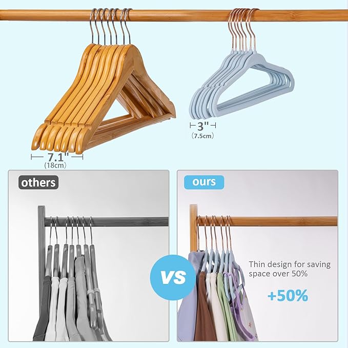 Baby Hangers 50 Pack - 11 Inch Premium Velvet Non Slip Kids Hanger for Infant & Toddler Clothes - 0.2" Ultra Thin Baby Closet Hangers with 10 Hanger Clips - Blue