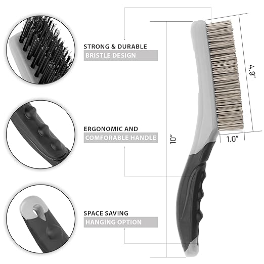 Wire Brush Set-Heavy Duty Stainless & Carbon Steel Bristles with Plastic Handle Grip for Rust, Wielding Slag, Dirt & Paint Scrubbing with Deep Cleaning – 10 Inches (Pack of 2-Gray)