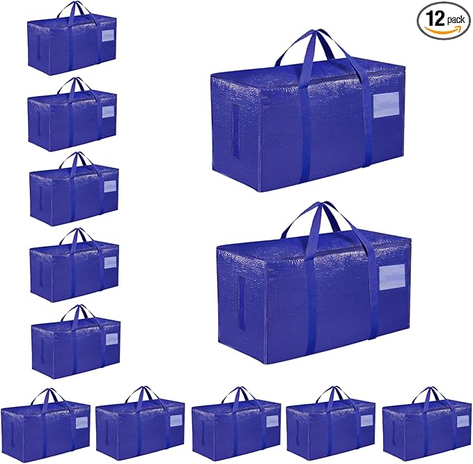 12 Pack-Extra Large Heavy Duty Moving Bags - Waterproof Storage Totes with Handles & Zippers, Foldable for College Dorm, Storage (Blue)