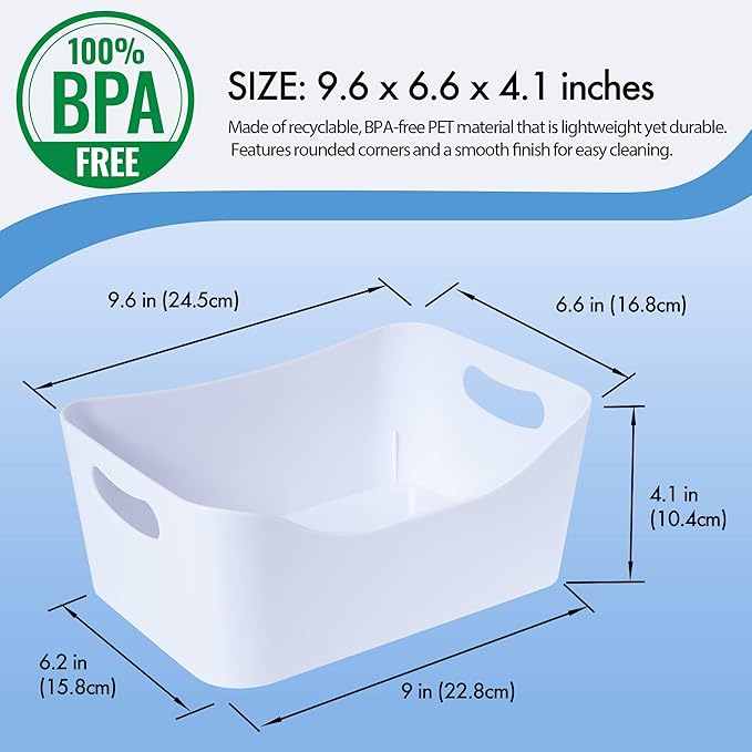 MATICAN Plastic Storage Bins with Handles, 3-Pack Small Pantry Storage Bins, Organizer Baskets for Kitchen, Bathroom, Bedroom, White, 9.6 x 6.6 x 4.1 Inches