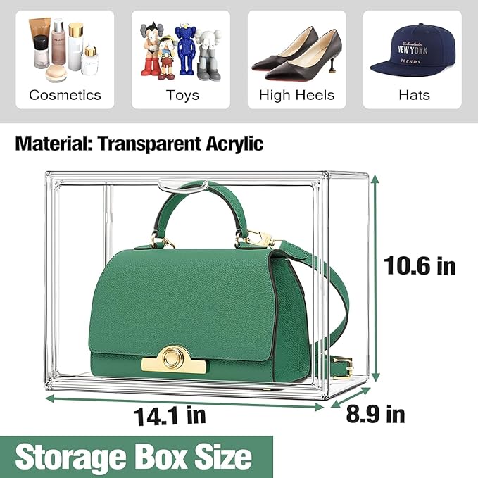 X-Large Acrylic Display Case Size 14 Sneaker Shoe Box with Magnetic Lid, Stackable Purse Organizer Handbag Storage Clear Figure Case Large Collectibles Showcase, Protection Organizer, 1 Pack