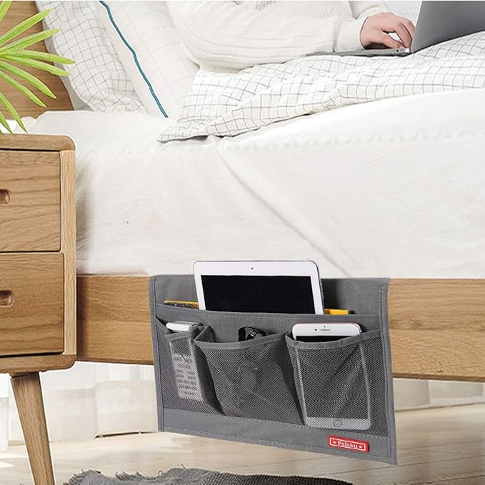 Falaku Bedside Caddy,Bedside Organizer Caddy Under Mattress,Holds Magazines,Books (4 Pockets-Grey)