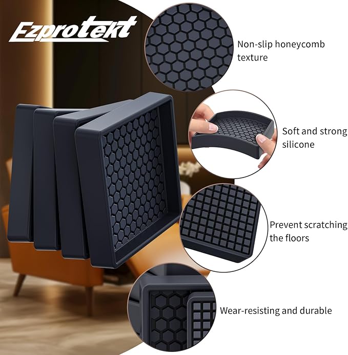 Ezprotekt Non Slip Furniture Pads, 4 Pcs 2.5" Rubber Caster Cups, Anti Skid Furniture Coasters for Hardwood Floors, No Slide Furniture Gripper, Floor Protector for Bed Couch Furniture Stoppers (Black)