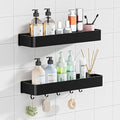 Adhesive Shower Caddy,Rustproof Shower Shelve with Large Capacity,Quick-Dry Metal Bathroom Shelves with 5 Hooks, 2 Pack Drill-Free Durable Shower Organizers and Storage, Black