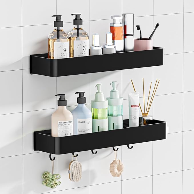 Adhesive Shower Caddy,Rustproof Shower Shelve with Large Capacity,Quick-Dry Metal Bathroom Shelves with 5 Hooks, 2 Pack Drill-Free Durable Shower Organizers and Storage, Black