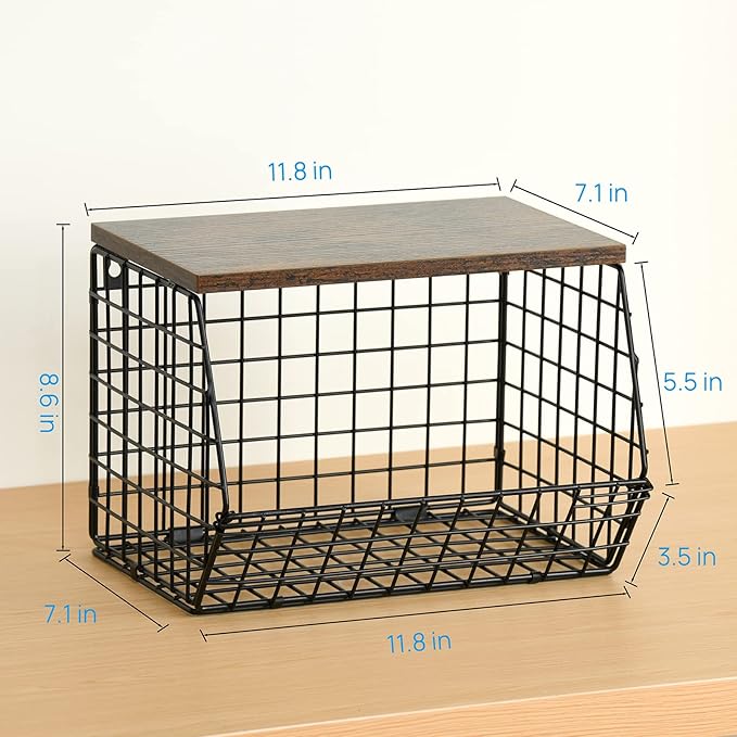 Wetheny 2pcs Fruit Basket Onion Storage Wire Basket with Wood Top- Wall Mounted & Stackable Kitchen Counter Organizer,Cabinet Organizer Bin for Potato,Produce,Bread,Snack Storage(Matte Black)