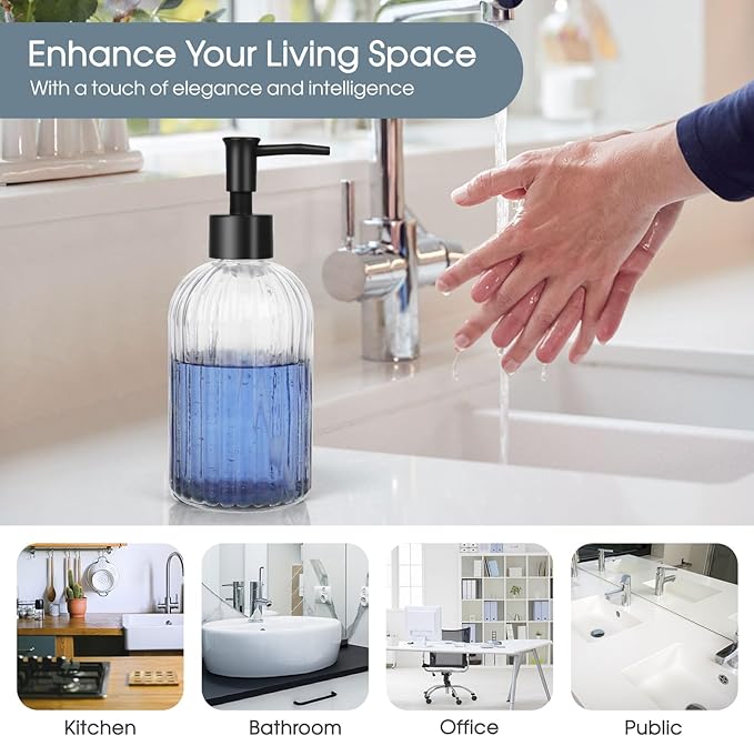 Topsky 2 Pack Glass Soap Dispenser with Plastic Pump, 400ml Liquid Hand Soap Dispenser, Rustproof Pump for Kitchen & Bathroom, Great for Lotions, Essential Oil, Liquid Soaps,Transparent