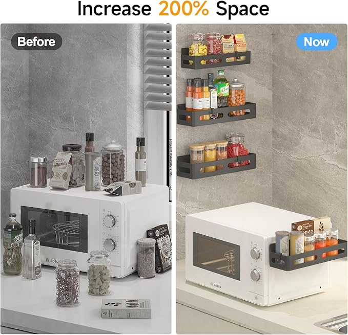 2 Pack Strong Magnetic Spice Rack for Refrigerator, Multipurpose Magnetic Shelf for Fridge with 4 Hooks for kitchen and Bathroom Organization, Black