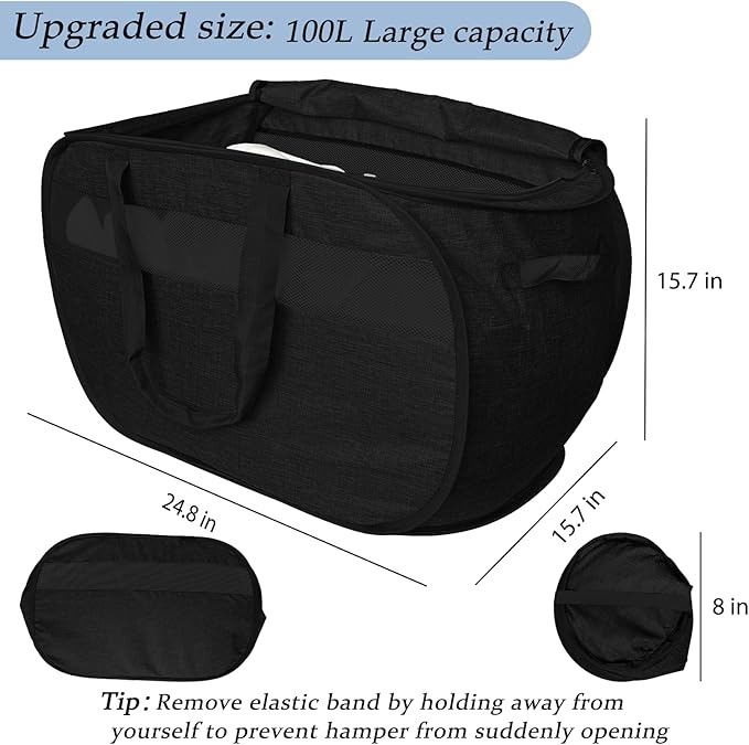 Upgraded 100L Extra Large Mesh Pop Up Laundry Hamper with Lid and Handles. XL Closet Storage Bins, Dirty Clothes Basket for Dorm Home, Foldable Laundry Basket. Black. H