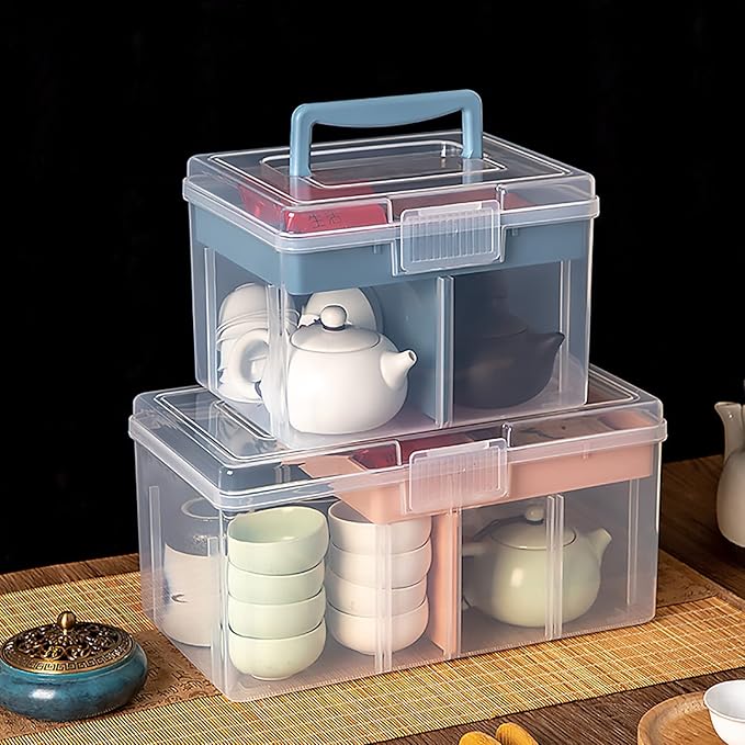 FOREVERIE Clear Small Plastic Storage Box with Handle & A Removable Tray & Adjustable Divider, Kids Students Children Art Box, Desk Organiser Case, Medicine Storage Box (Clear & Ocean Blue)