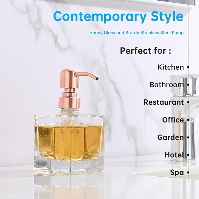 Ximlike Square Bathroom Soap Dispenser Pink Pump, 8.4 oz Glass Bottles with Stainless Steel Pump Rose Gold Retangle Cube Liquid Soap Dispenser Hand Kitchen