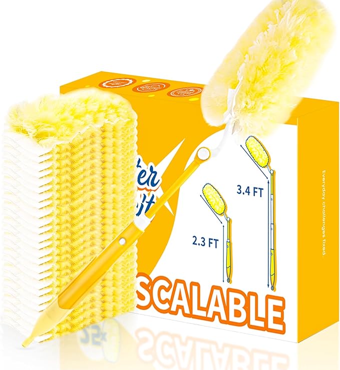 Heavy Duty Duster Refills, Disposable Dusters Kit for Cleaning Dusting Furniture Blind Ceiling Fan, Multi Surface 360 Feather Duster(25)+3FT Extended Handle