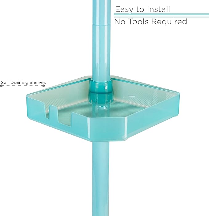 Bath Bliss 4 Tier Tensions Corner Shower Caddy | Shelves | Adjustable 48“-101” | Bathroom Organizer | Bathtub and Shower Stall | Holds Large Bottles | Soap | Shampoo | Washcloths | Seaglass