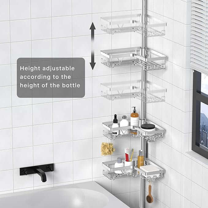 KEGII Shower Caddy Tension Pole with 2 Towel Bars, Adjustable Corner Bathroom Organizer, Rustproof Bathtub Storage Shelves for Shampoo, 25–114.2 Inch Shower Corner Rack for Renters & Family, Silver