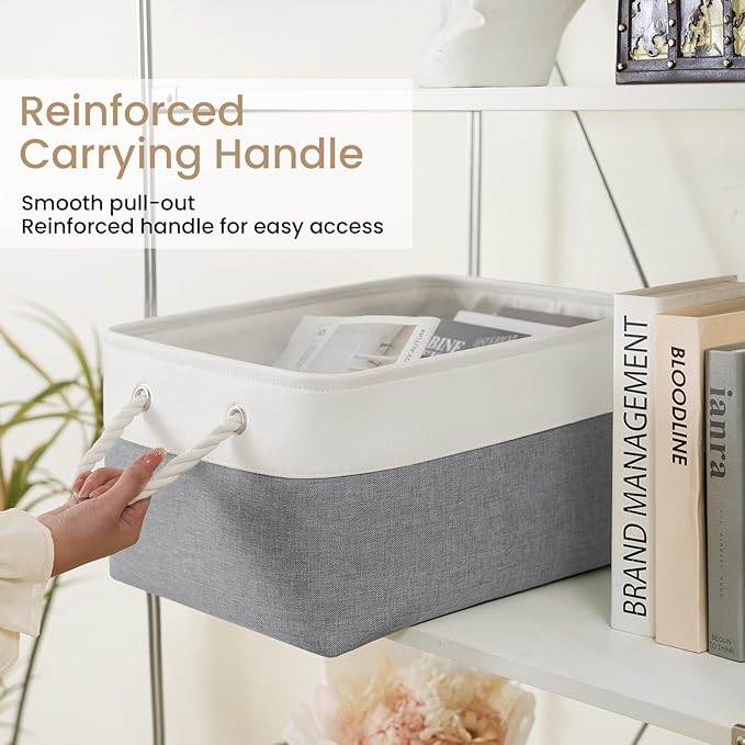 Large Storage Baskets- 15.7x11.8x8.26 inch Storage Bins for Shelves and Closet Organizing, Foldable Fabric Bin for Home Organization Clothes and Laundry (3-Pack, White&Grey)