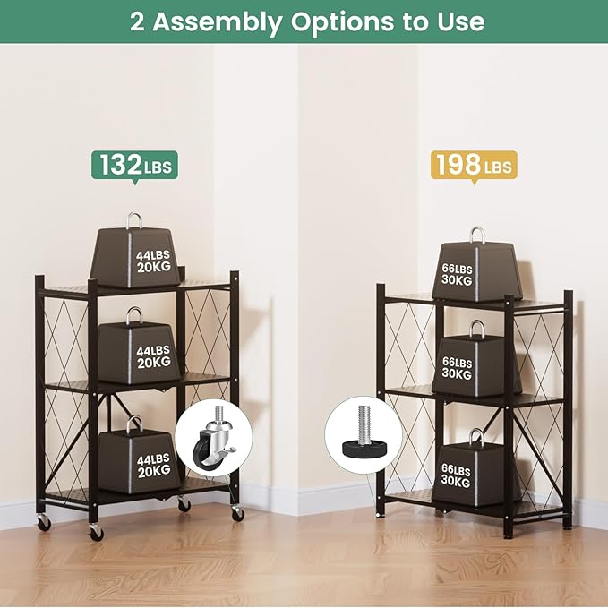 ALANNG 3 Tier Storage Shelves on Wheels, No Assembly Metal Folding Shelf Heavy Duty, Black | Colorful | Rolling | Collapsible | Rack Unit | for Living Room Office | 13.4" D x 28" W x 35.4" H